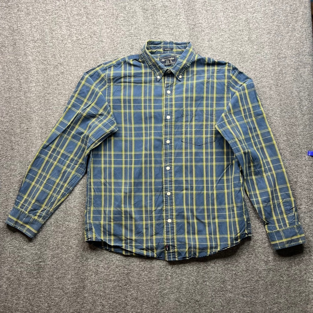 Abercrombie & Fitch Shirt Mens Large Blue Yellow Plaid Button Muscle‎ Fit Long